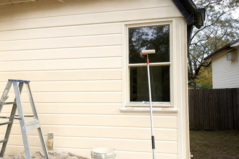 A weatherboard cottage wall freshly painted in pale cream beside a timber window frame — home painting, Bendigo. Illustrative example.