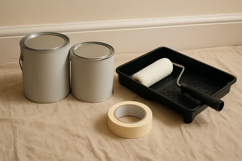 Two closed paint tins, a roller tray and a roll of masking tape on a dust sheet beside a skirting board — painter quotes, contracts and registration, Bendigo. Illustrative example.