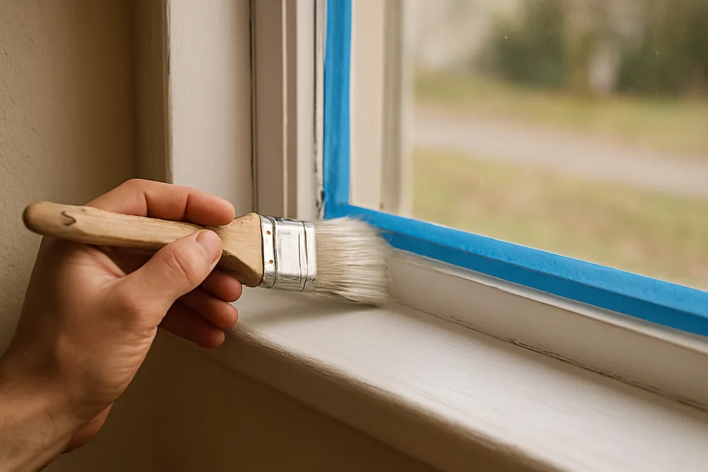 A hand with a brush cutting in paint along a window frame — home painting, Bendigo. Illustrative example.