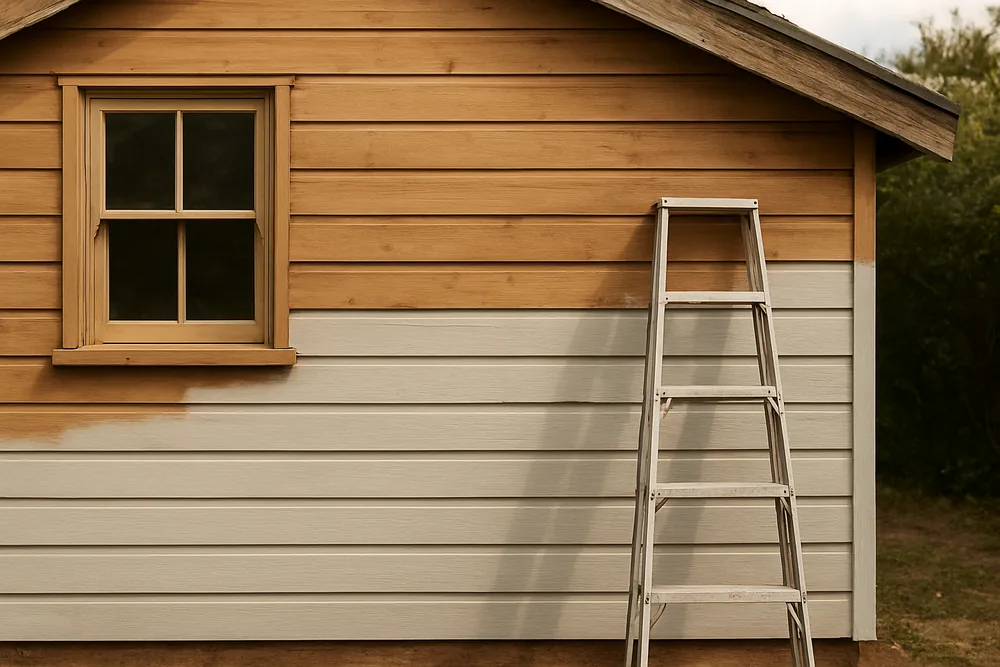 The front wall of a small timber cottage with the lower weatherboards primed and the upper boards still to do — home painting, Bendigo. Illustrative example.