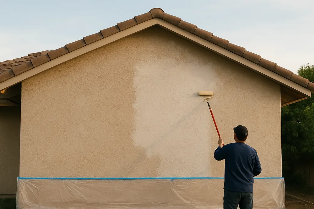 A stucco gable end under a hipped roof with a first coat of primer being rolled on — home painting, Bendigo. Illustrative example.