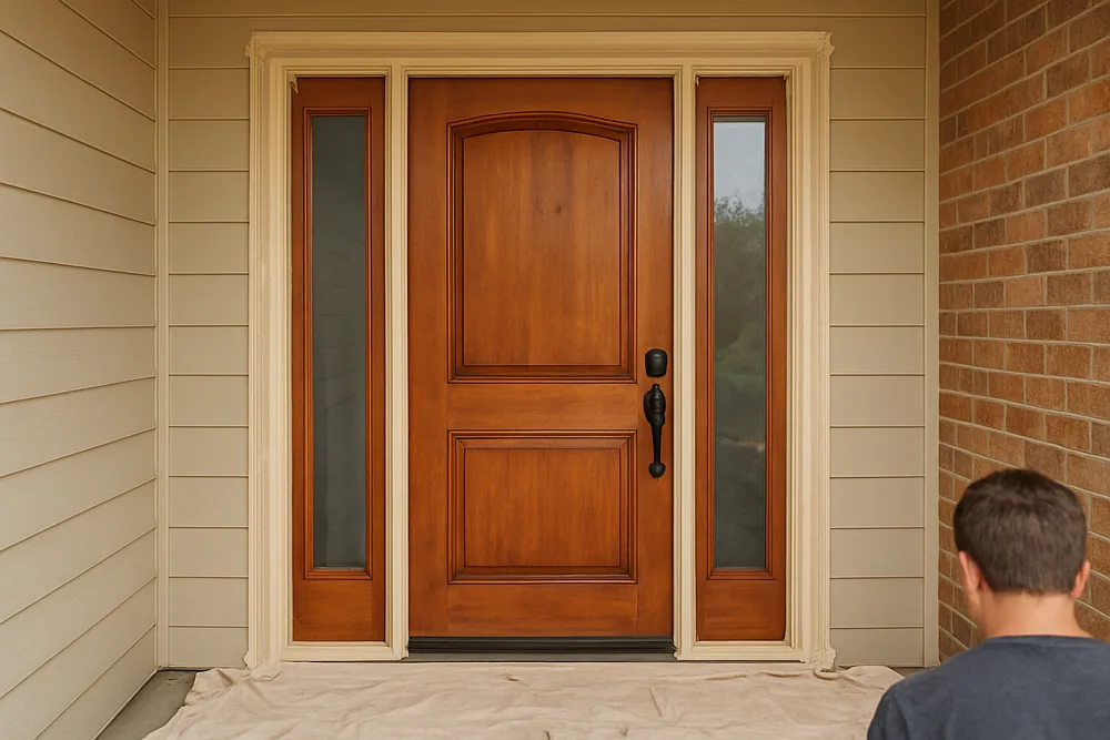 A timber front door and sidelight with masking tape along the architrave and a drop sheet on the verandah floor — home painting, Bendigo. Illustrative example.