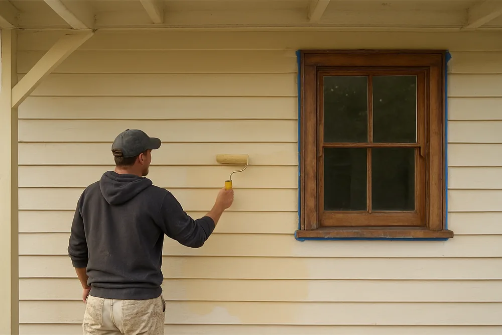 The verandah wall of a single-storey weatherboard bungalow part-painted in cream beside a taped timber window frame — home painting, Bendigo. Illustrative example.