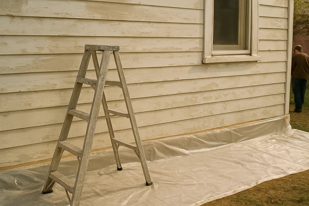 Plastic drop sheets taped along the base of an outside wall with a ladder standing on them — painting an older home and lead paint, Bendigo. Illustrative example.