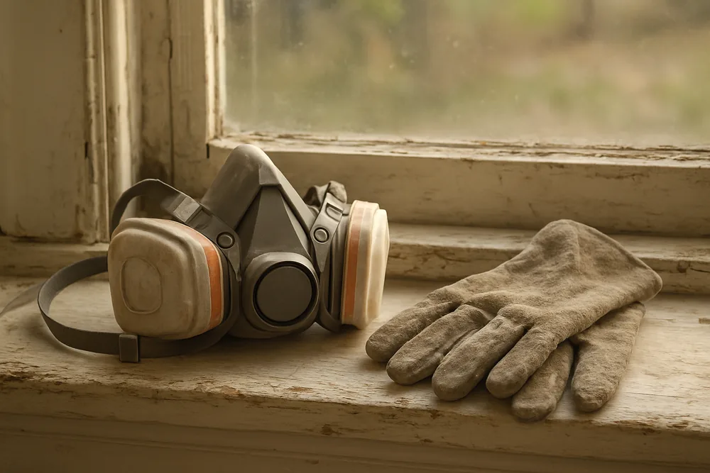 A half-face respirator and a pair of gloves resting on a window sill — painting an older home and lead paint, Bendigo. Illustrative example.