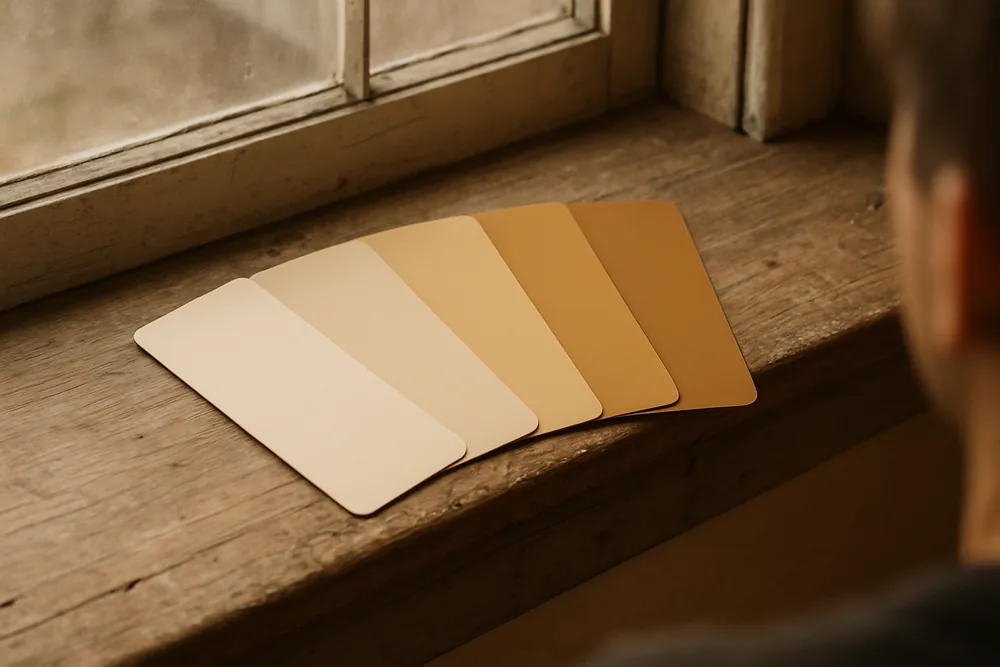 A fan of unlabelled colour swatch cards in cream, buff and ochre on a timber sill — painting in a heritage overlay, Bendigo. Illustrative example.