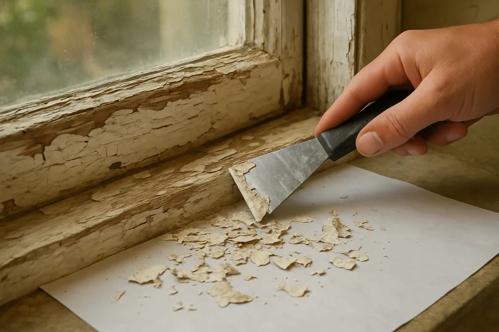 A hand scraper lifting loose paint from a timber window frame with flakes caught on a sheet — painting in a heritage overlay, Bendigo. Illustrative example.