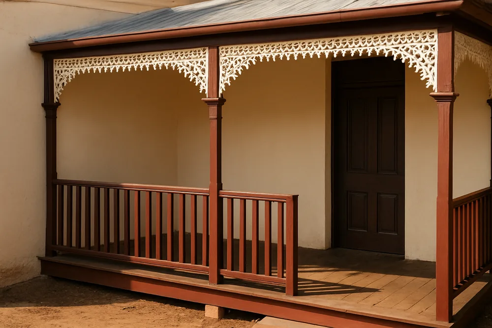 A small timber verandah with lacework and deep-coloured joinery against a pale wall — painting in a heritage overlay, Bendigo. Illustrative example.